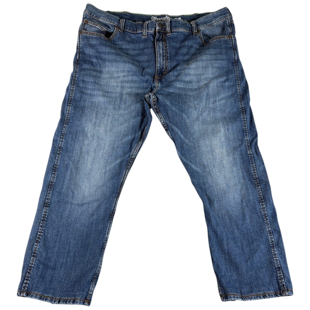 Wrangler Retro Slim Straight Jeans Mens 44x32 Blue Denim Washed Rugged Workwear